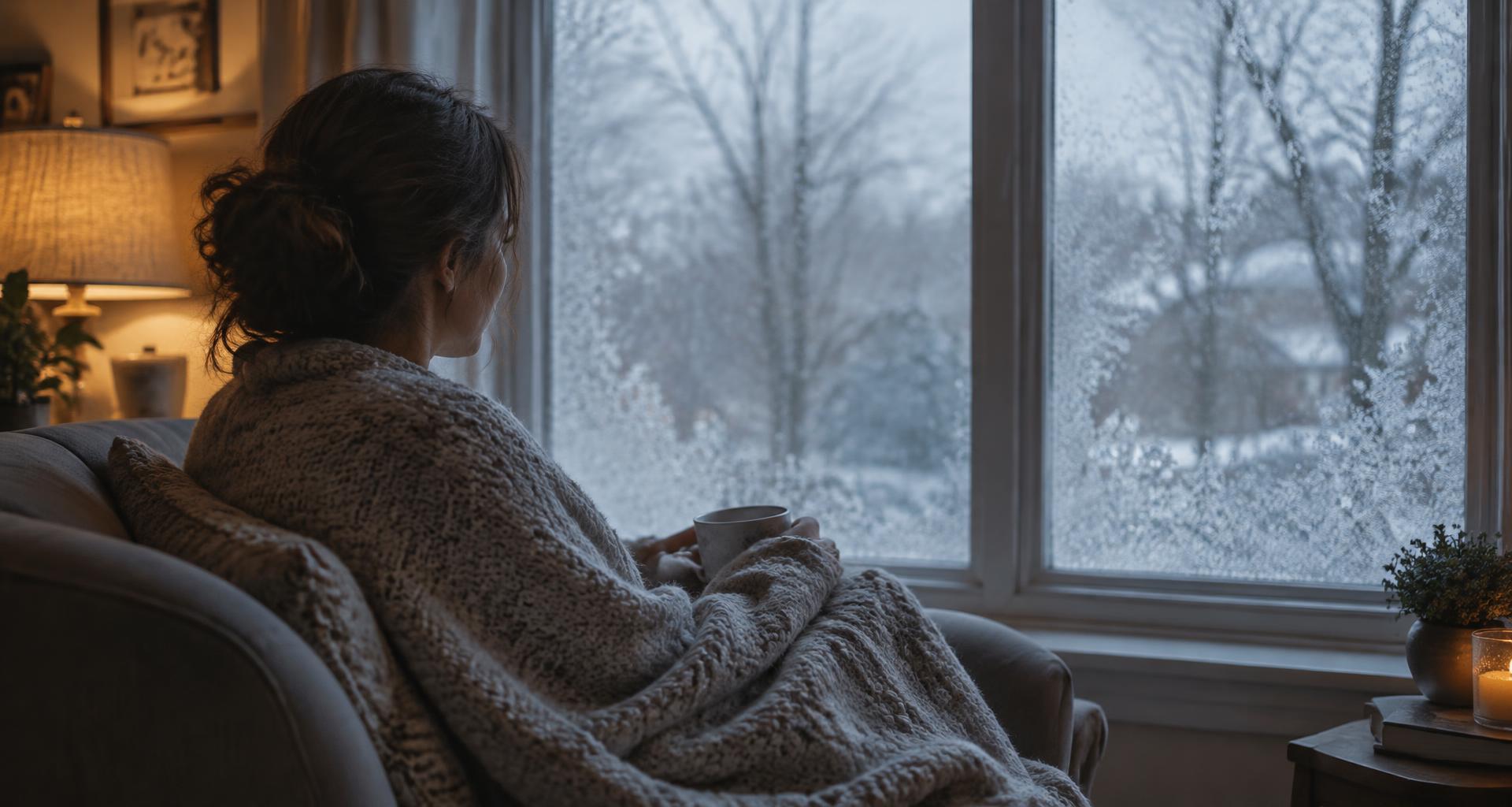 A person wrapped in a blanket looking out a frosty window in winter — representing the low mood and withdrawal common to both seasonal and non-seasonal depression.